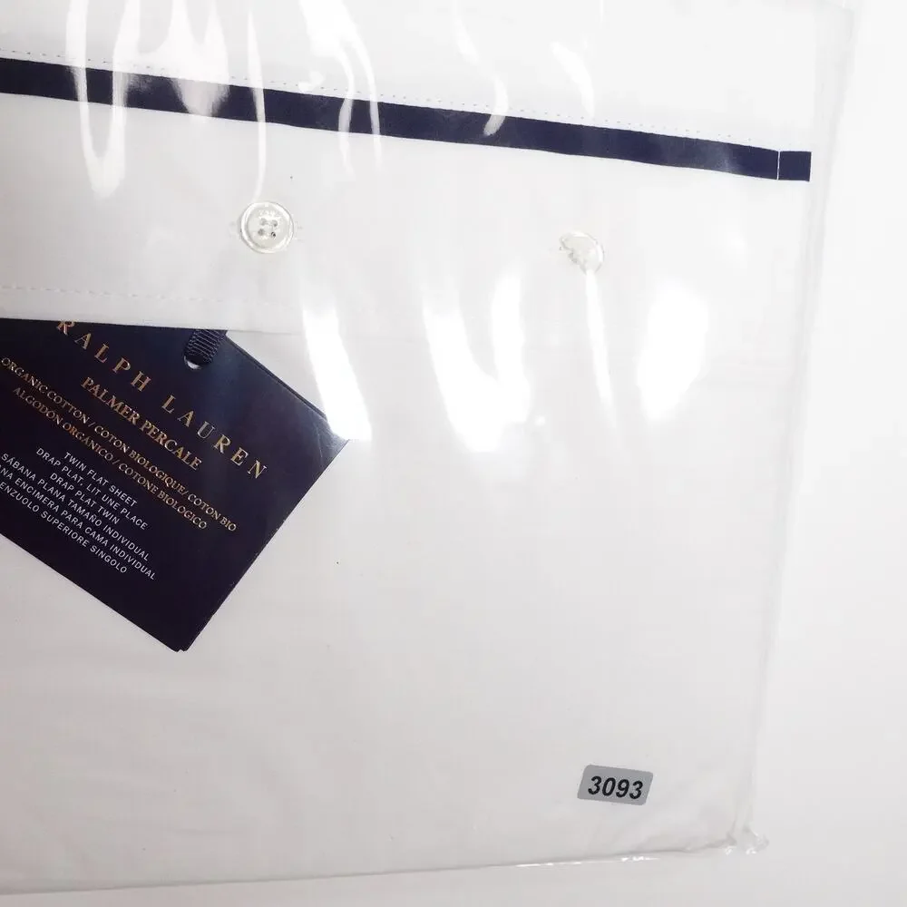 Ralph Lauren Organic Cotton Percale Palmer Twin Flat Sheet White/Polo Navy $125